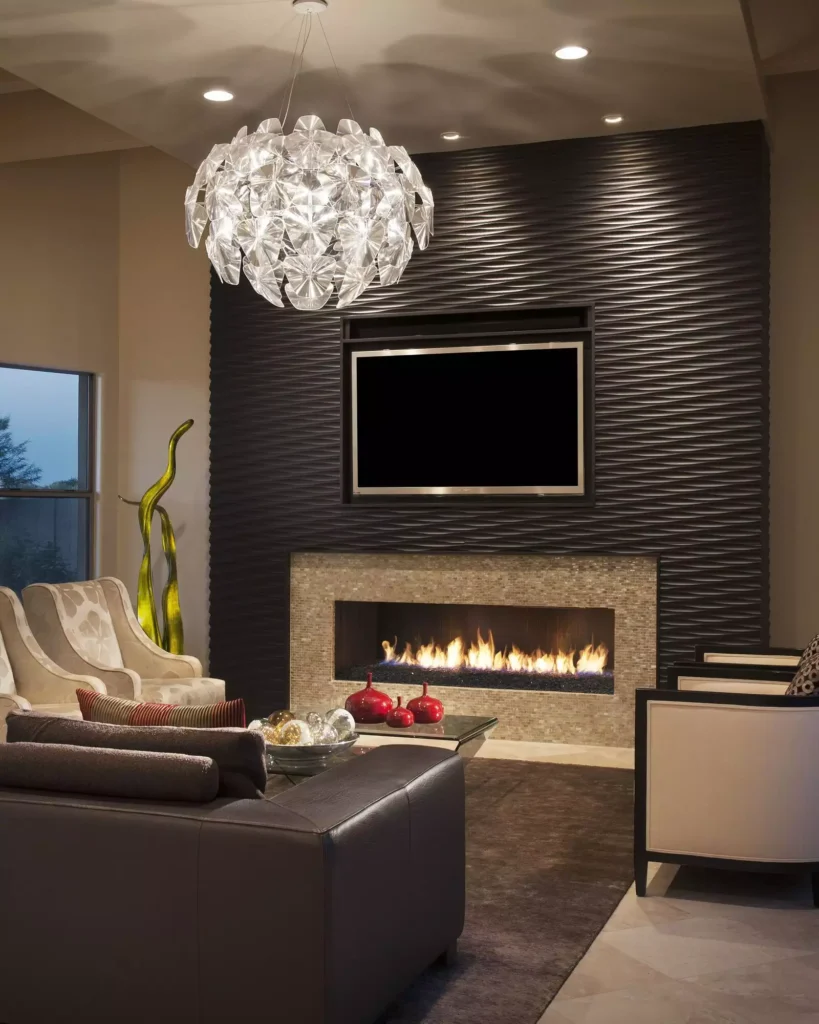 Wavy wood-clad accent wall with mounted TV and fireplace in modern living room