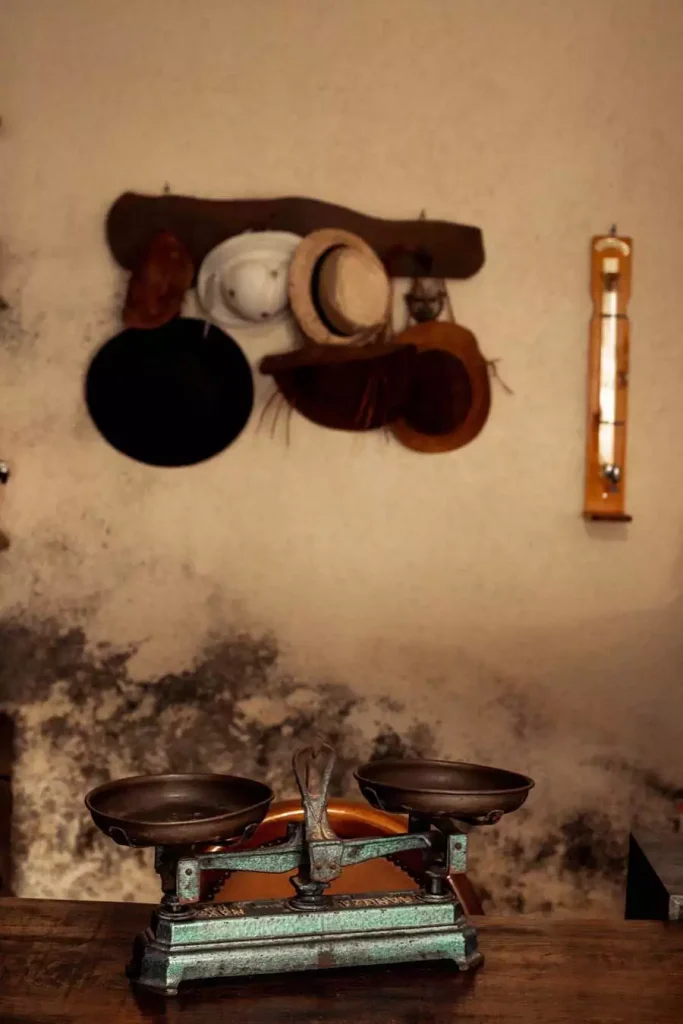 Weathered Plaster Wall Showing Visible Mold Staining, With A Row Of Hanging Hats Above An Antique Balance Scale On A Wood Table