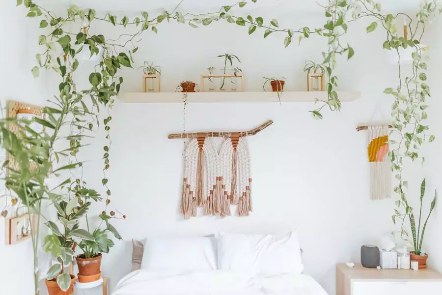 White Boho Bedroom With Greenery Styled On A Wall Shelf