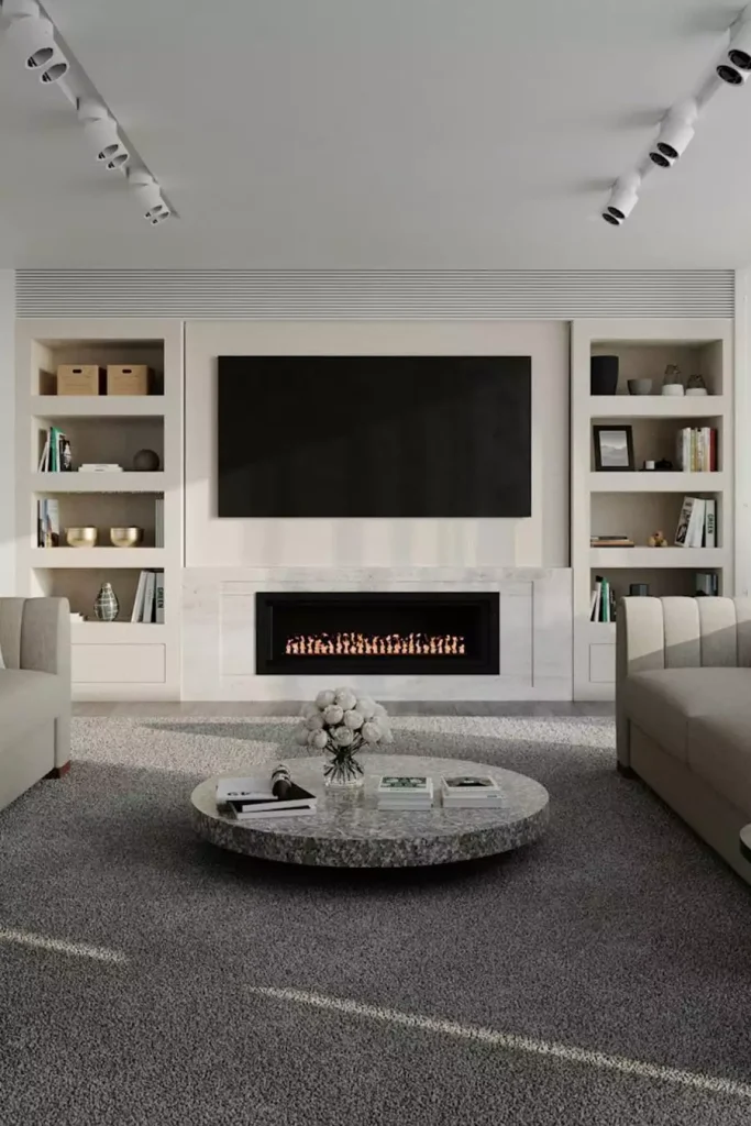 White Built In TV Wall With Linear Fireplace And Open Bookshelves