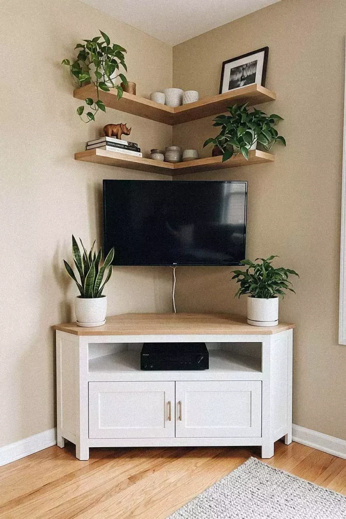 White Corner TV Wall Cabinet Topped with Layered Floating Shelves