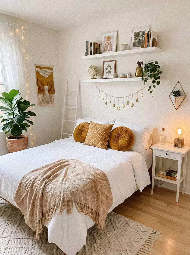 White Wall With Floating Shelf Decor Ladder And Woven Hanging