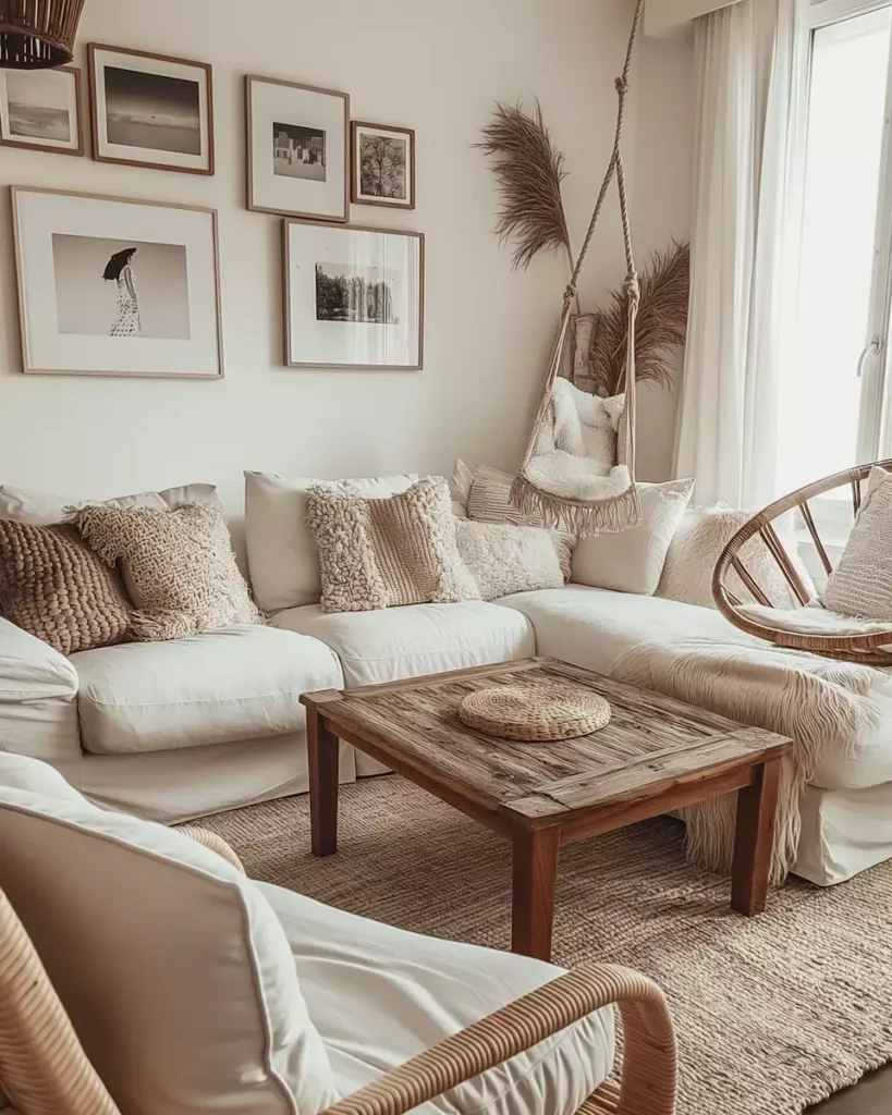 White boho living room corner decor with sectional sofa hanging macrame chair and jute rug