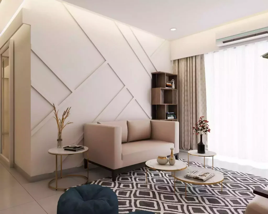 White geometric relief wall, beige loveseat, gold marble tables, diamond rug