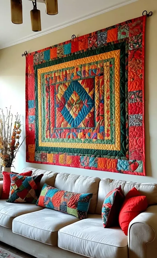 White sofa beneath a vivid patchwork quilt on the above sofa wall
