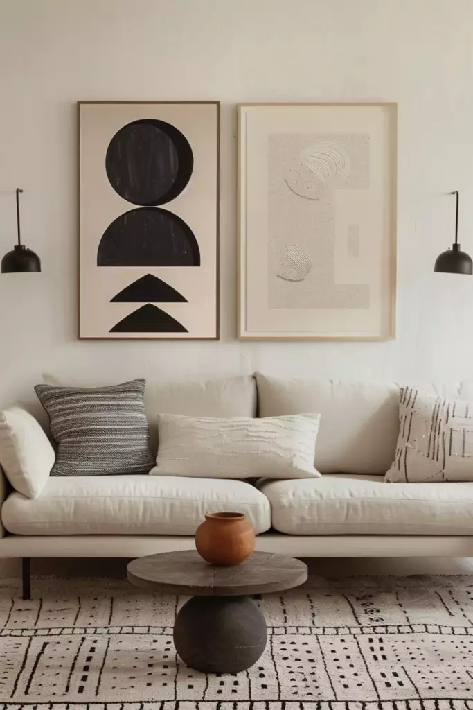 White sofa beneath two abstract prints on a cream above sofa wall