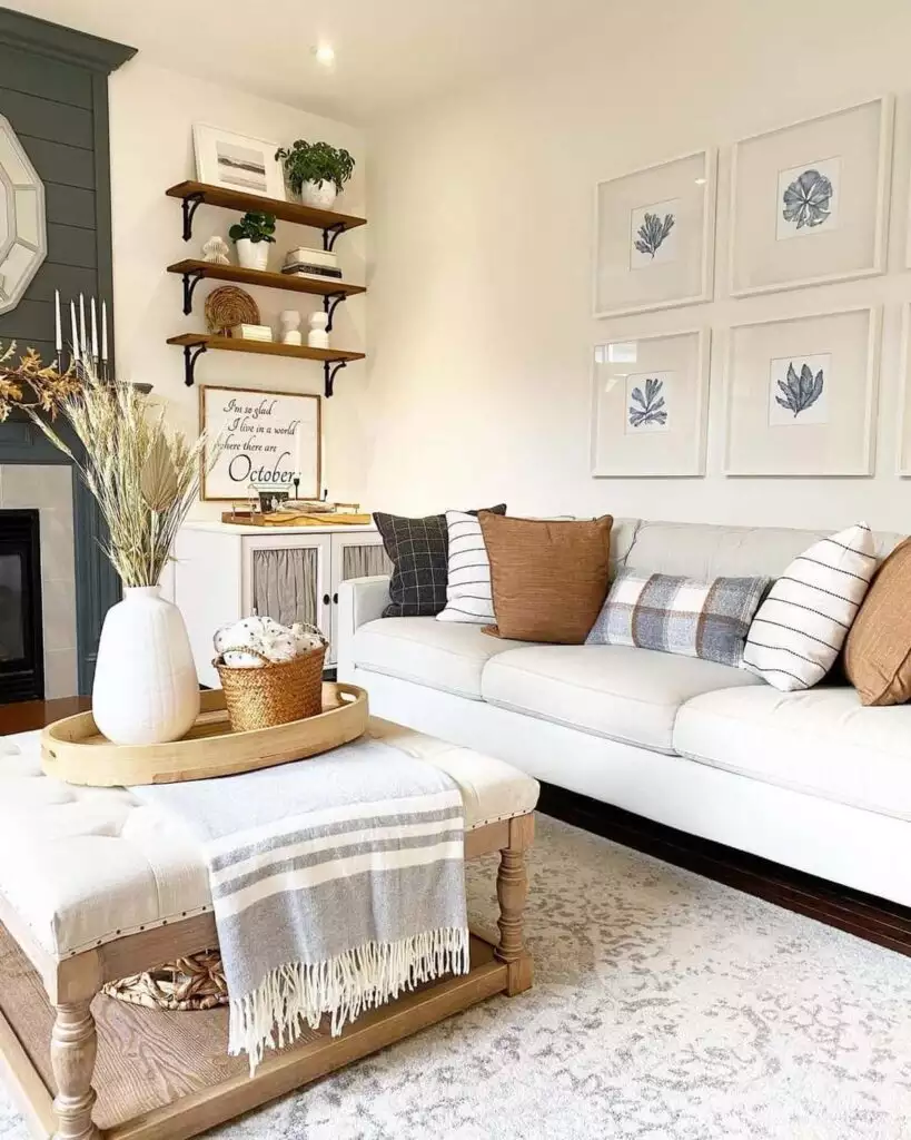 White sofa beside botanical prints on a bright above sofa wall