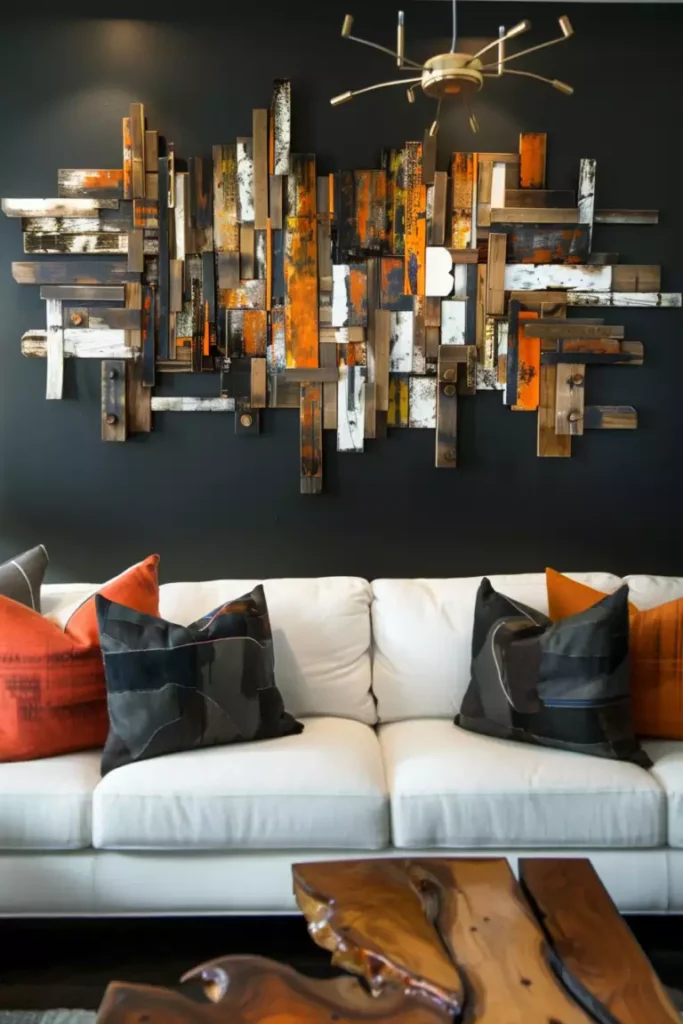 White sofa under an orange scrap-wood relief on a charcoal above sofa wall