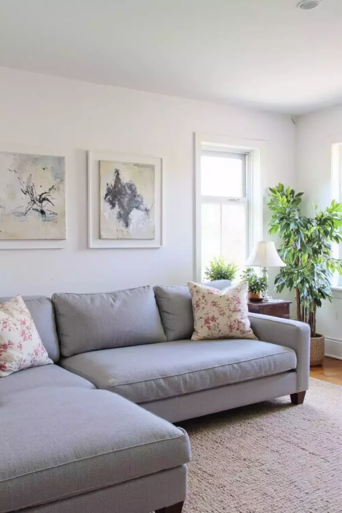White wall living room, gray sectional, floral pillows, abstract art, sisal rug