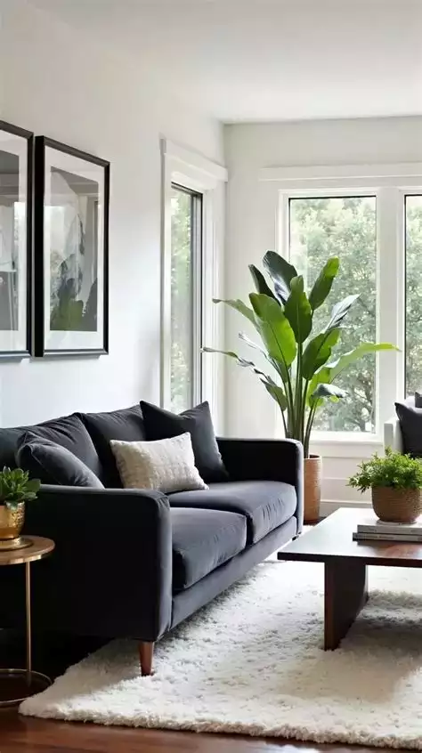 White walls framing a navy sofa, bird of paradise, botanicals, shag rug