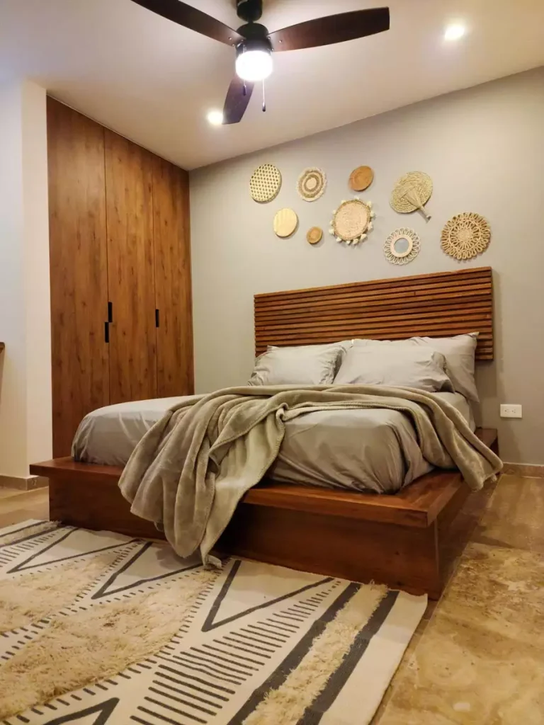 Wood Paneled Behind The Bed Wall Decor With Round Mirror Clusters