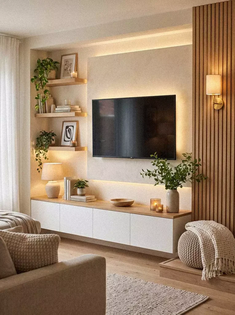 Wood Slat TV Wall With Layered Open Shelving Plants And Warm Sconce Lighting