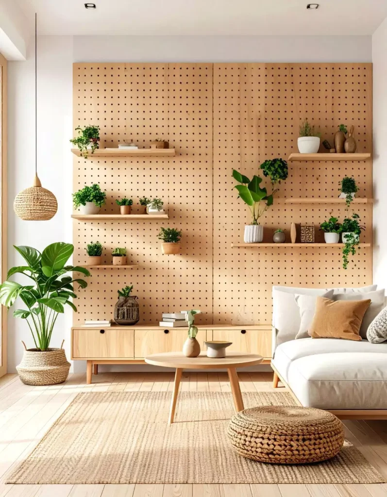 Wood pegboard wall with plant shelves, functional decor for living room walls