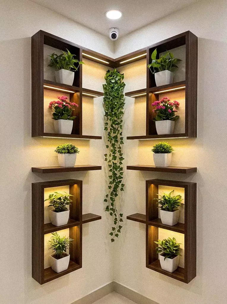 Wooden Wall Corner Decor Shelving Unit With Potted Plants And Trailing Ivy