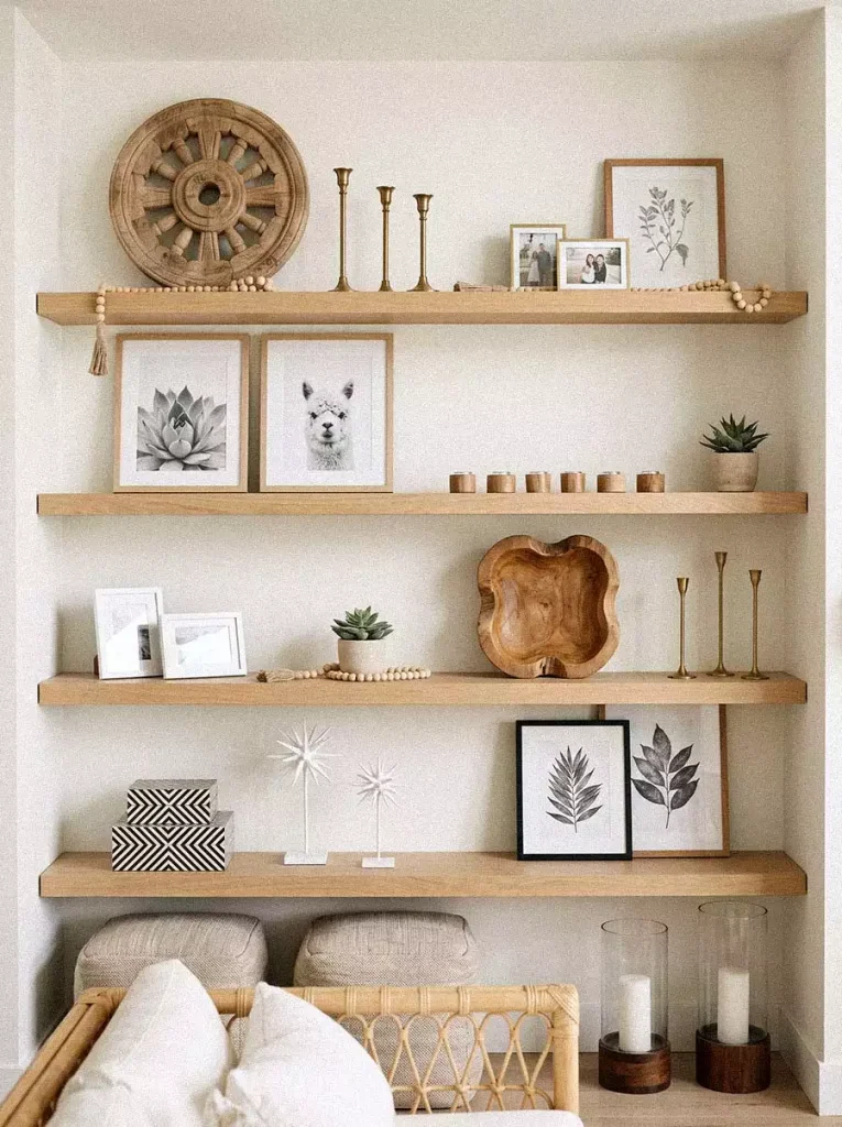 Wooden Wall Shelf Decor Filling A Bright Alcove Reading Nook