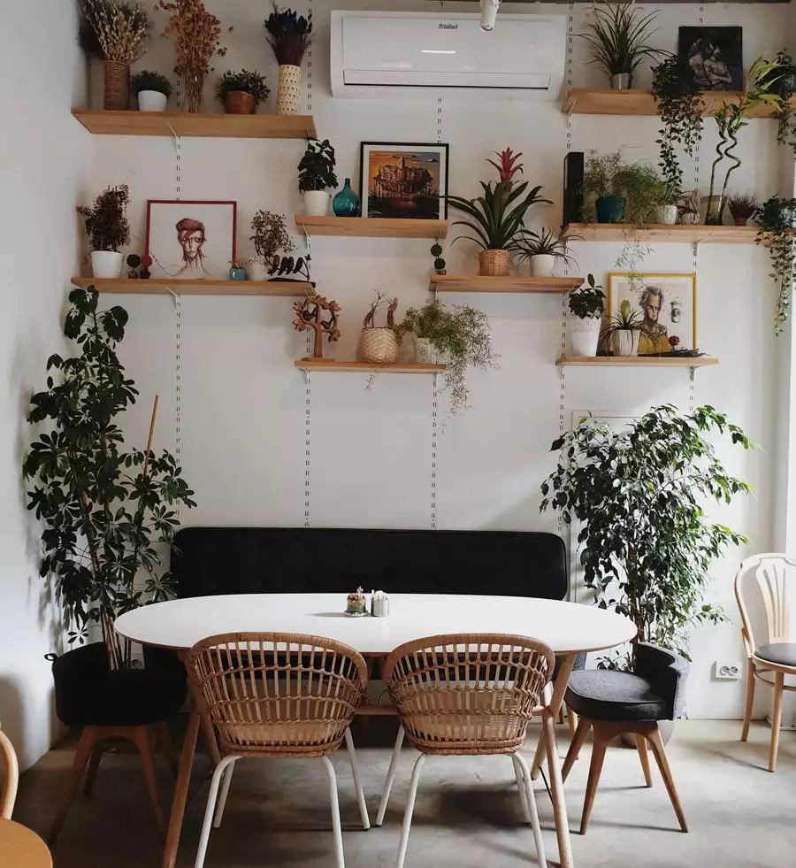 Wooden wall shelves filled with potted plants and framed portraits turn a plain wall into leafy Dining Wall Decor above an oval white table