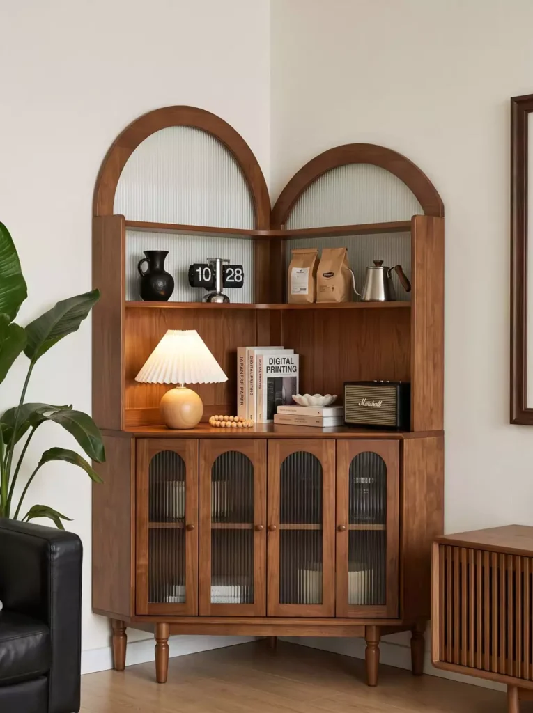 Wooden arched corner cabinet in a living room interior styled with a lamp, books, radio, and glass doors