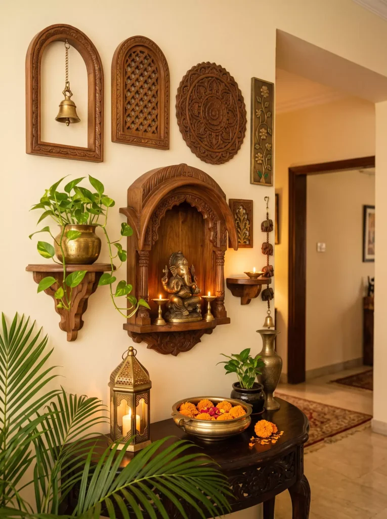 Wooden temple style Indian wall decor altar niche with a Ganesha idol, carved panels, and a hanging brass bell