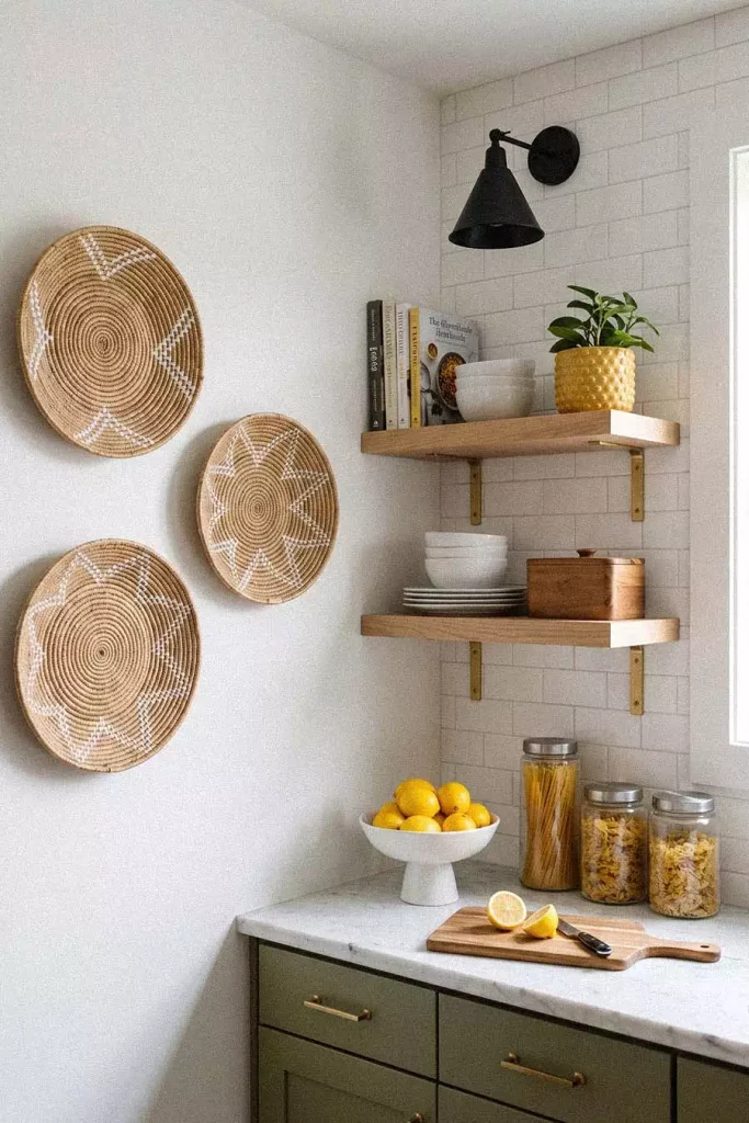 Woven Basket Wall Corner Decor With Wood Shelves In Kitchen