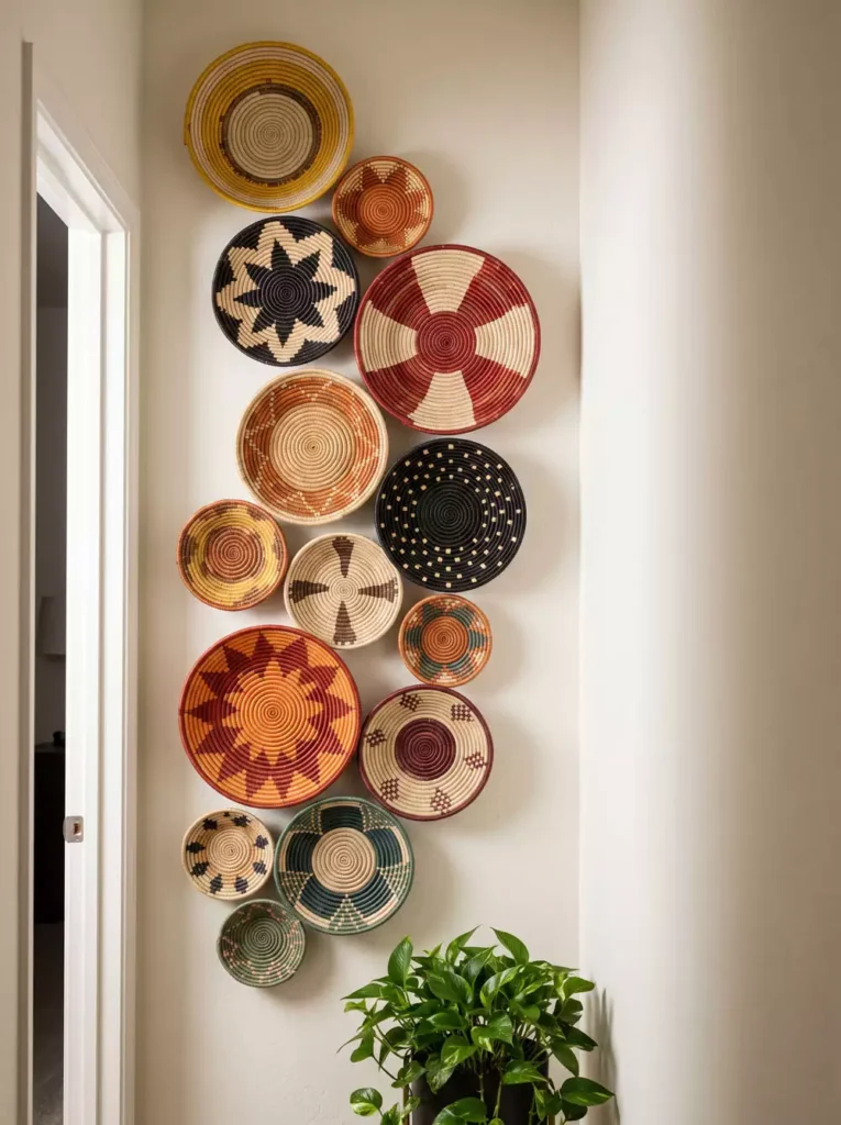 Woven basket wall decor in warm patterned tones beside a doorway