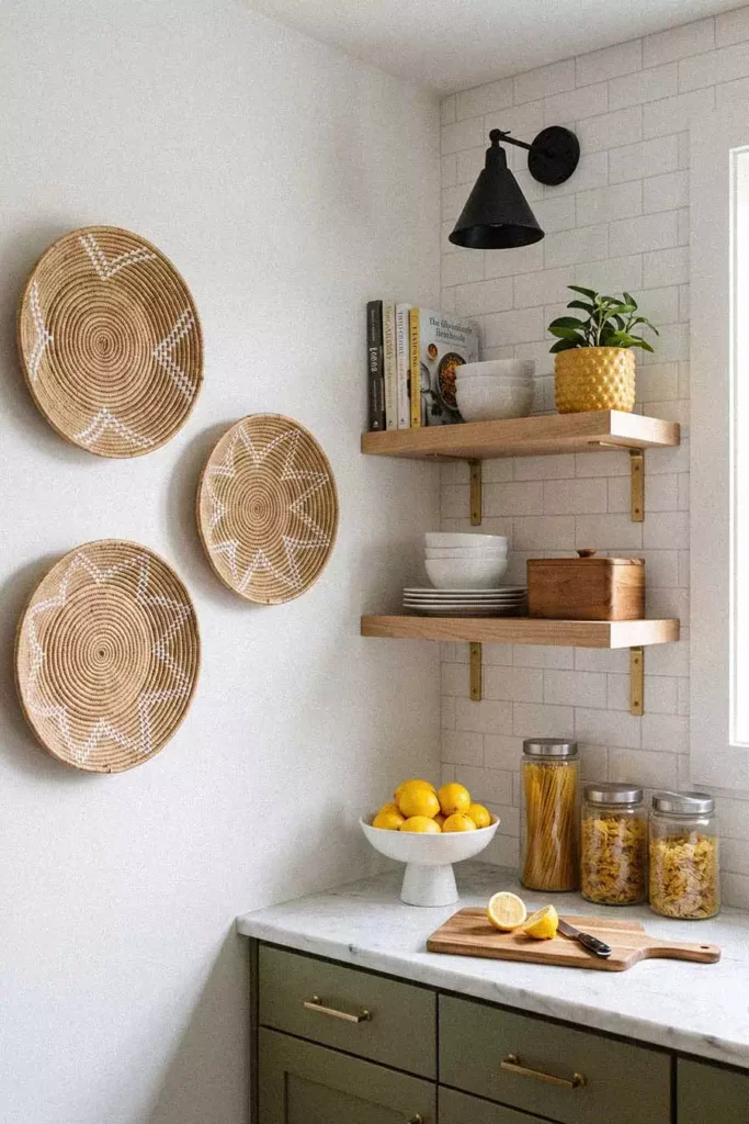 Woven Wall Baskets And Open Wood Shelves Style Corner Kitchen Wall Decor Over White Subway Tile