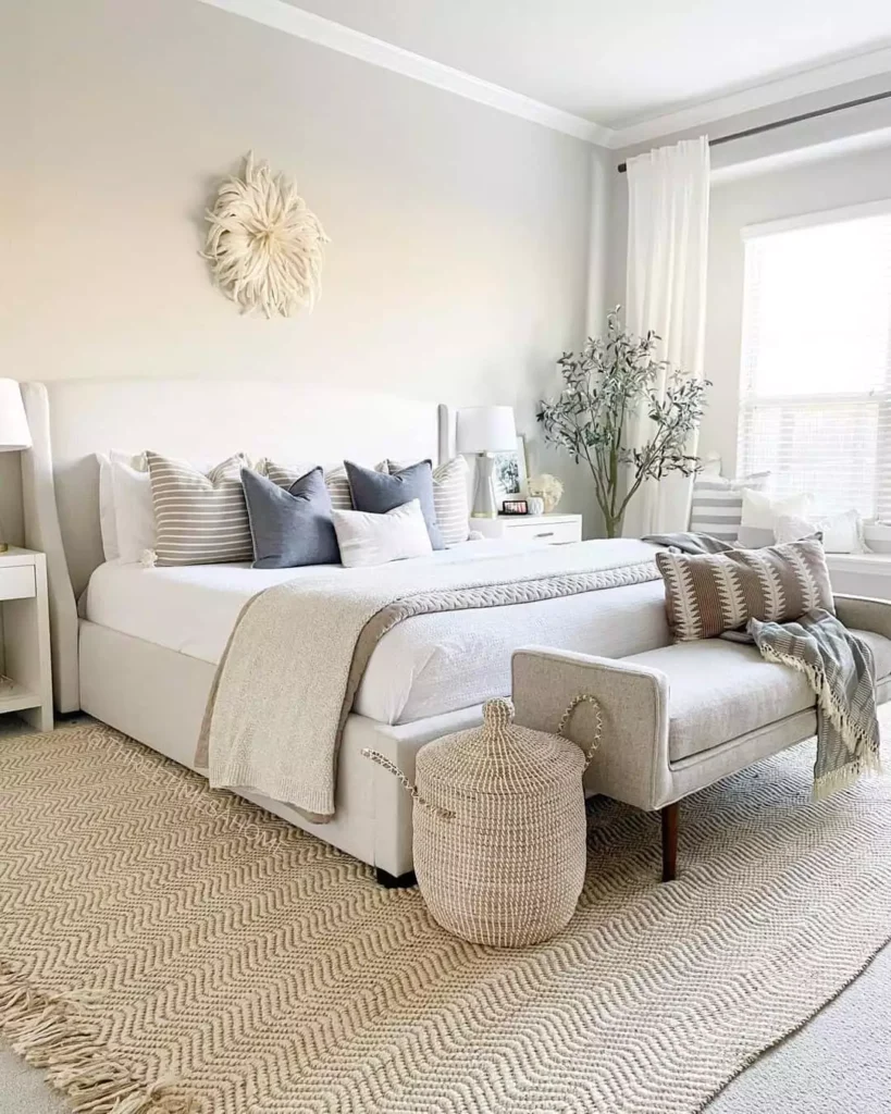 Woven raffia sunburst medallion as elegant over the bed wall decor in a light neutral bedroom