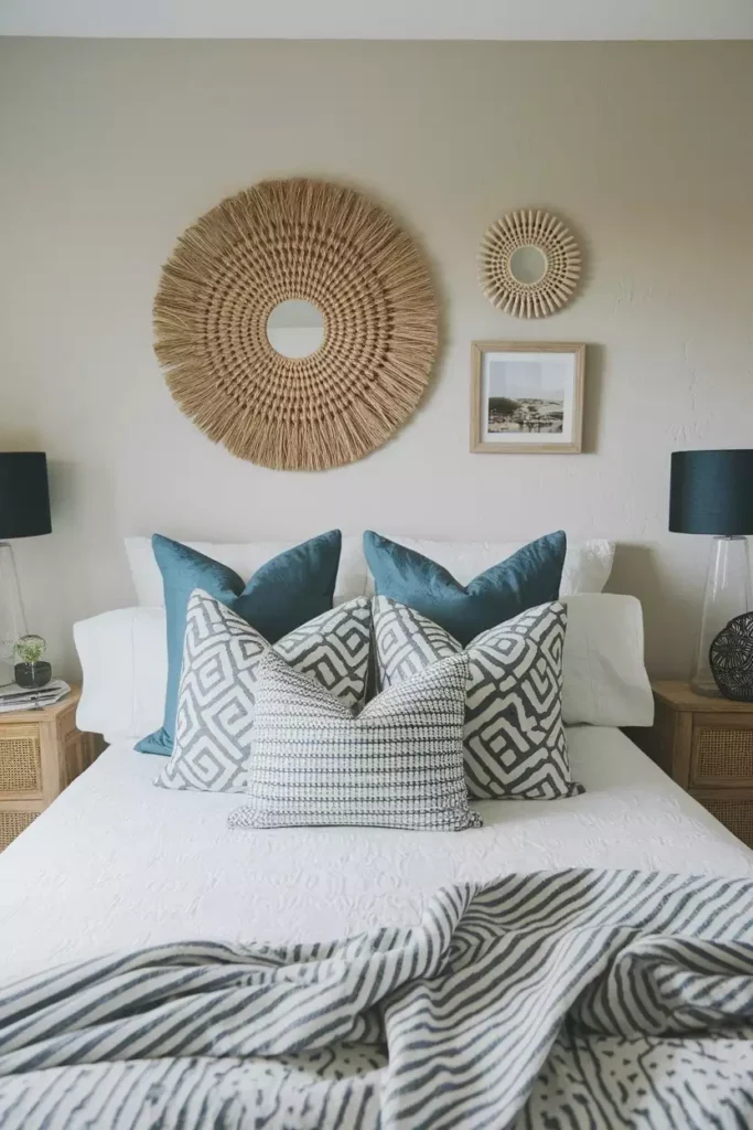 Woven rattan sunburst mirrors paired with a framed print as layered over the bed wall decor