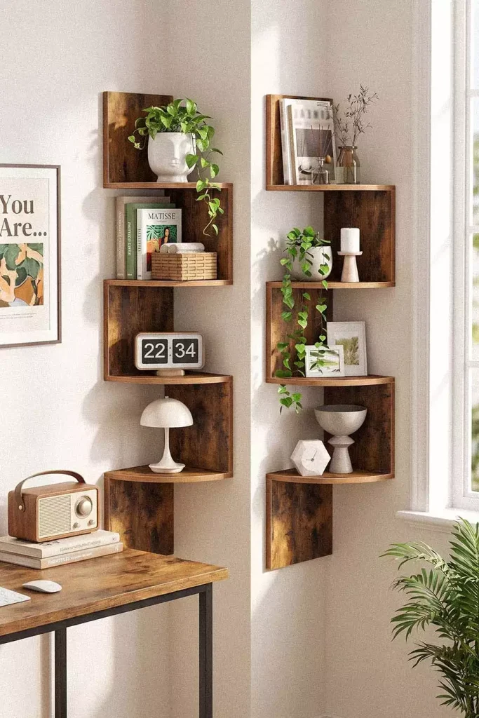 Zigzag Wall Shelf Decor Styled With Plants And Books