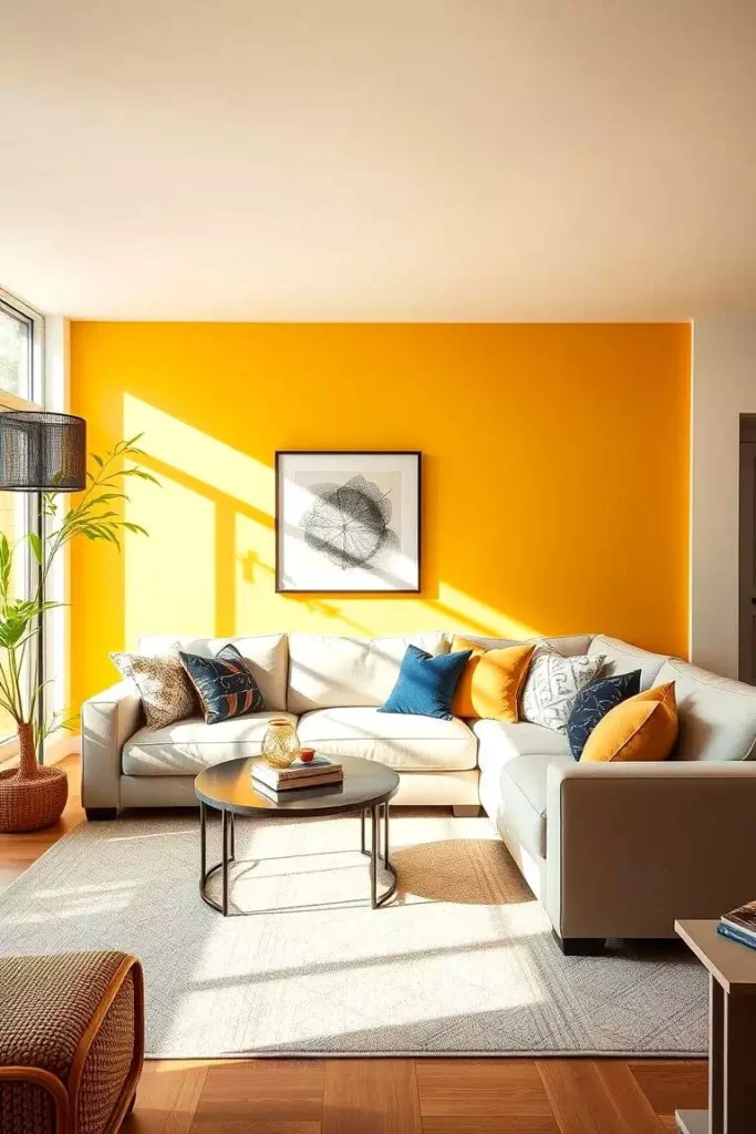 Bright living room with a sunny yellow accent wall, neutral sofa, and natural light