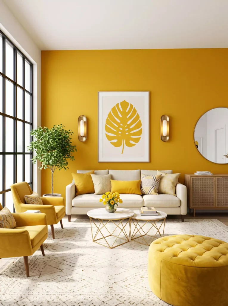 Bright living room with yellow walls, cream seating, and modern decorative accents