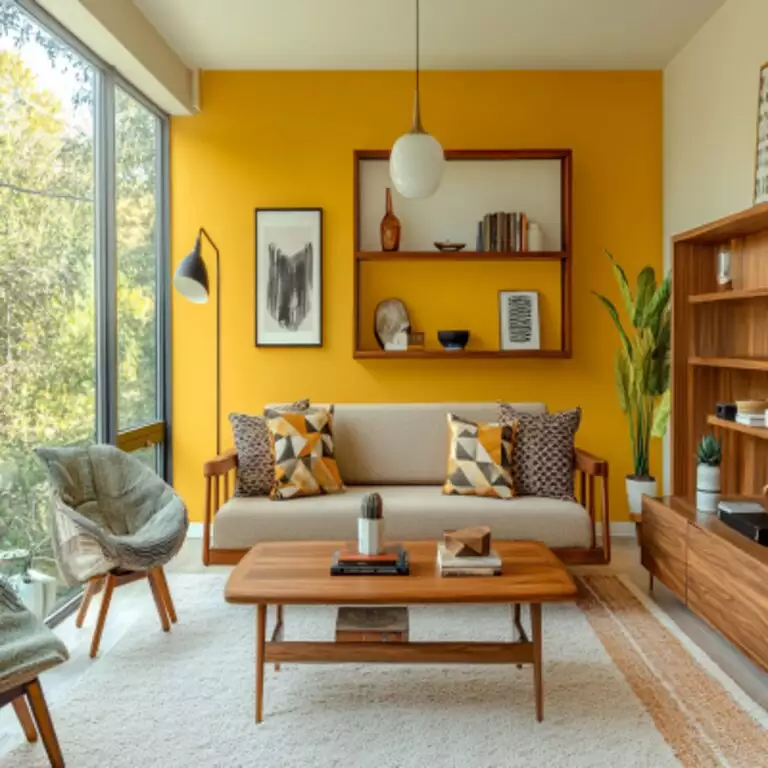 Bright living room with yellow walls, large windows, wooden shelving, and indoor plants