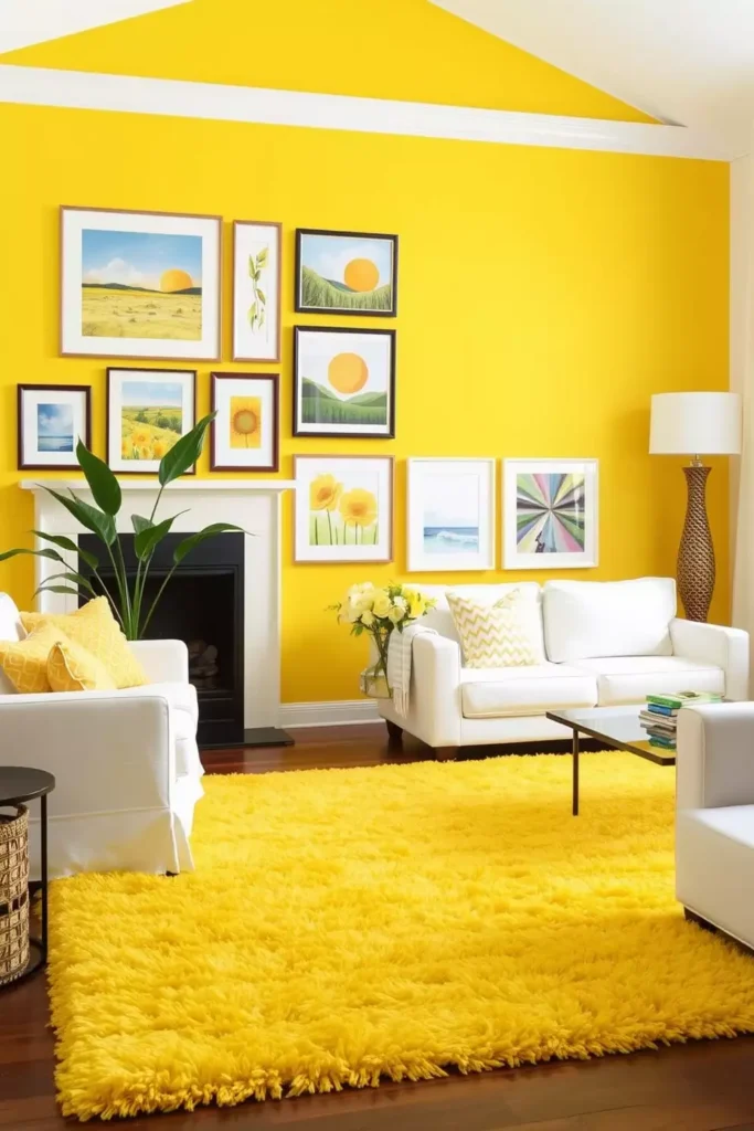 Cheerful yellow living room with gallery wall, white furniture, and textured yellow rug