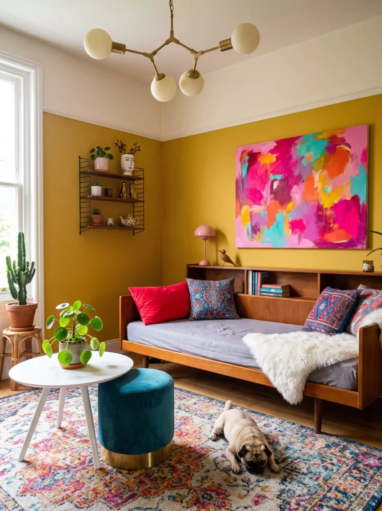 Colorful living room with yellow walls, vibrant artwork, pink seating, and eclectic decor