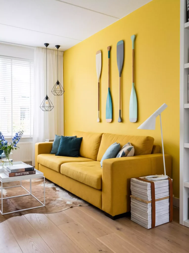 Contemporary living room with yellow walls, mustard sofa, and blue decorative details
