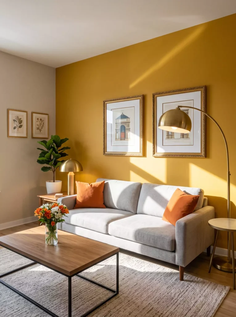 Cozy living room with yellow walls, neutral sofa, wooden coffee table, and framed art