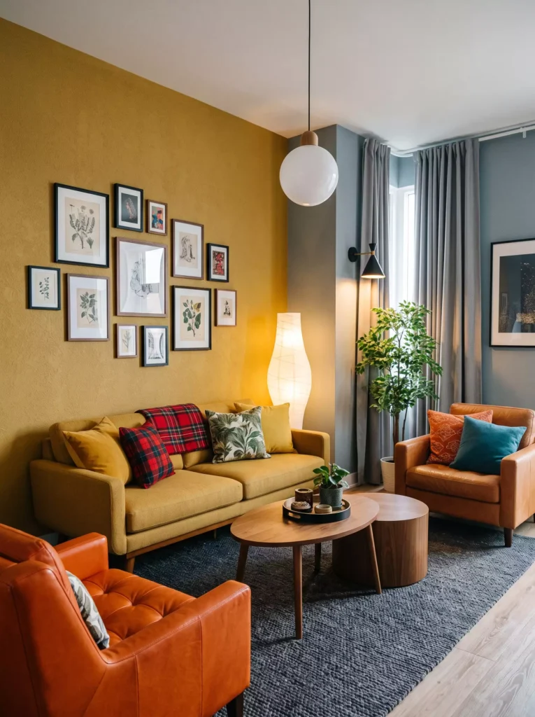 Eclectic living room with mustard yellow walls, colorful seating, and gallery wall