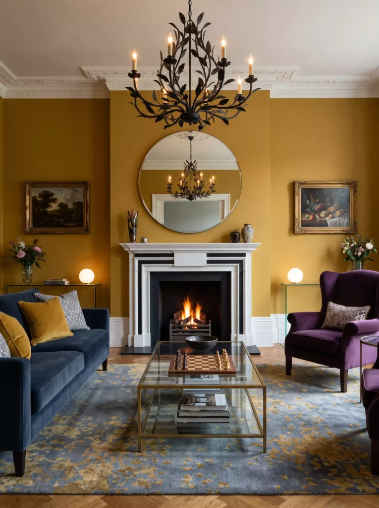 Elegant living room with golden yellow walls, fireplace, chandelier, and classic furnishings