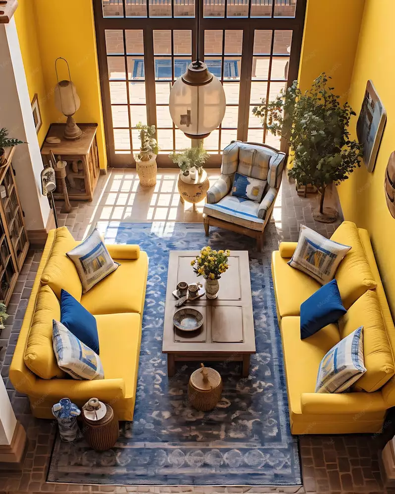 Living room with yellow and blue decor, comfortable sofas, and a modern coffee table