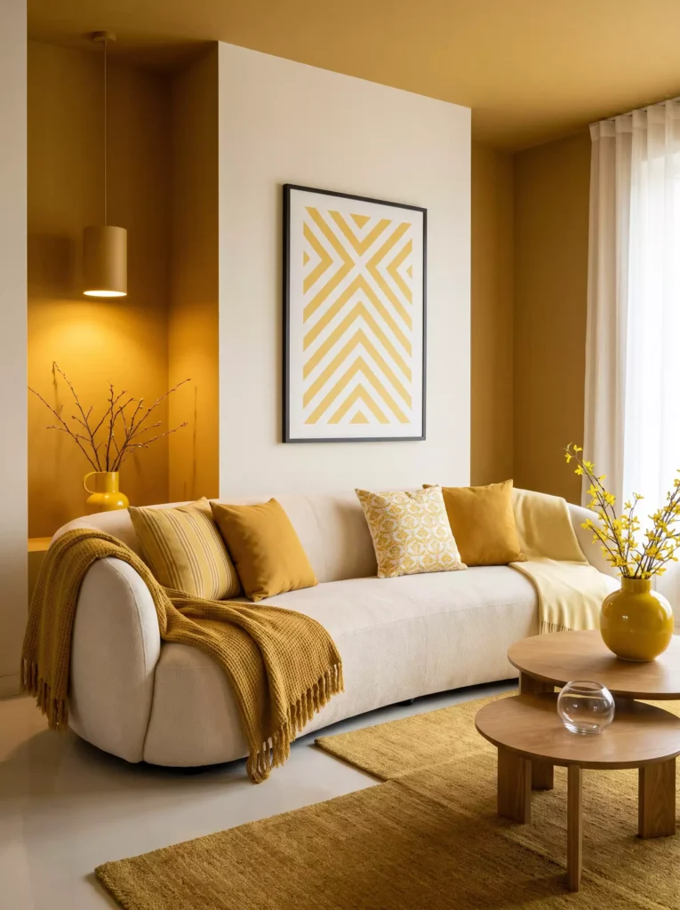 Minimalist living room with warm yellow walls, beige sofa, wooden accents, and simple artwork