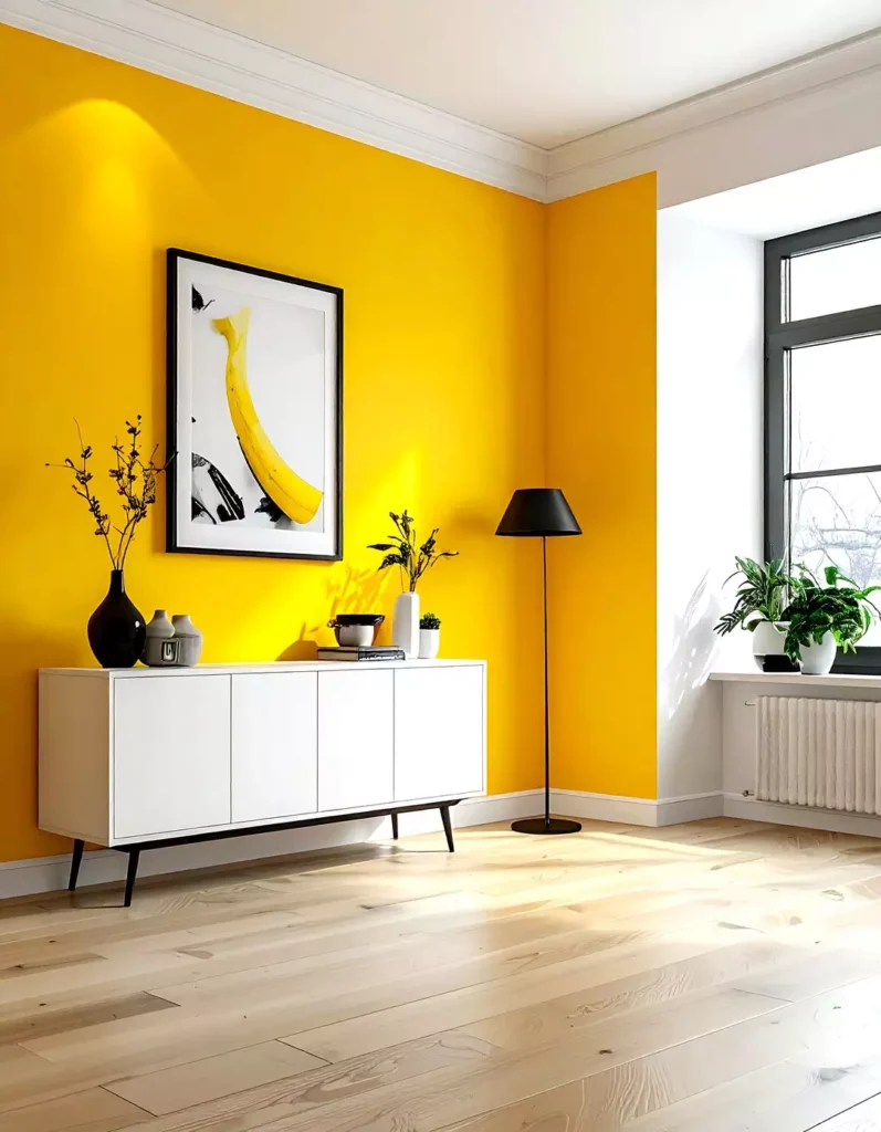 Modern living room with bright yellow accent wall, white console, framed artwork, and black accents
