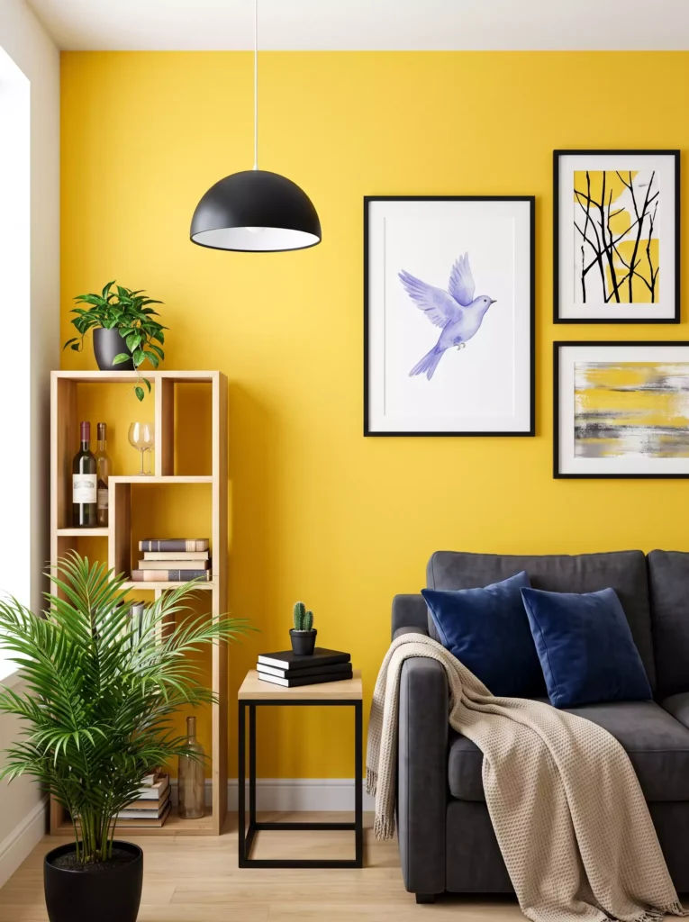 Modern living room with mustard yellow walls, navy sofa, plants, and framed wall art