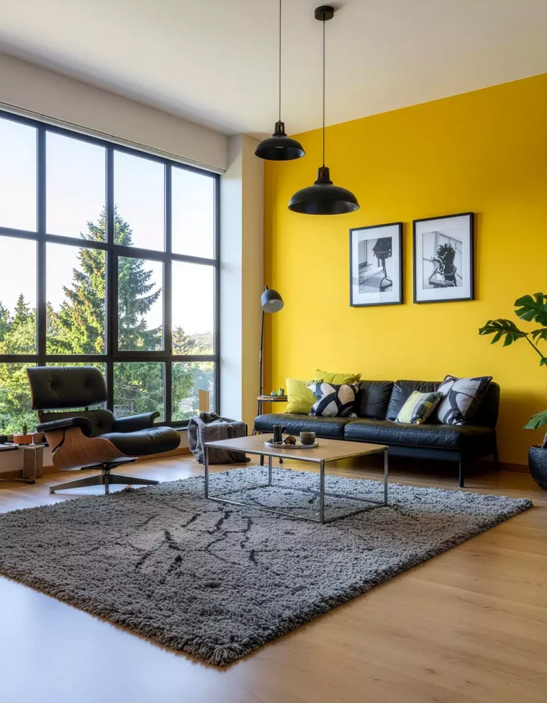 Modern living room with yellow accent walls, black sofa, large windows, and framed art