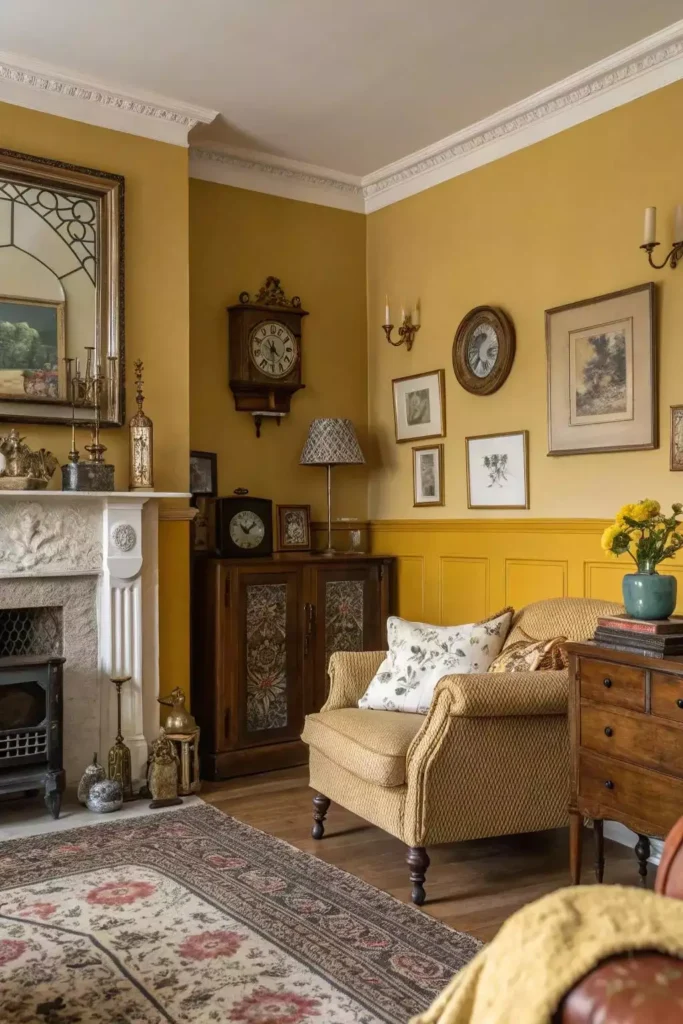 Modern yellow living room with half-painted wall, framed artwork, and neutral furniture