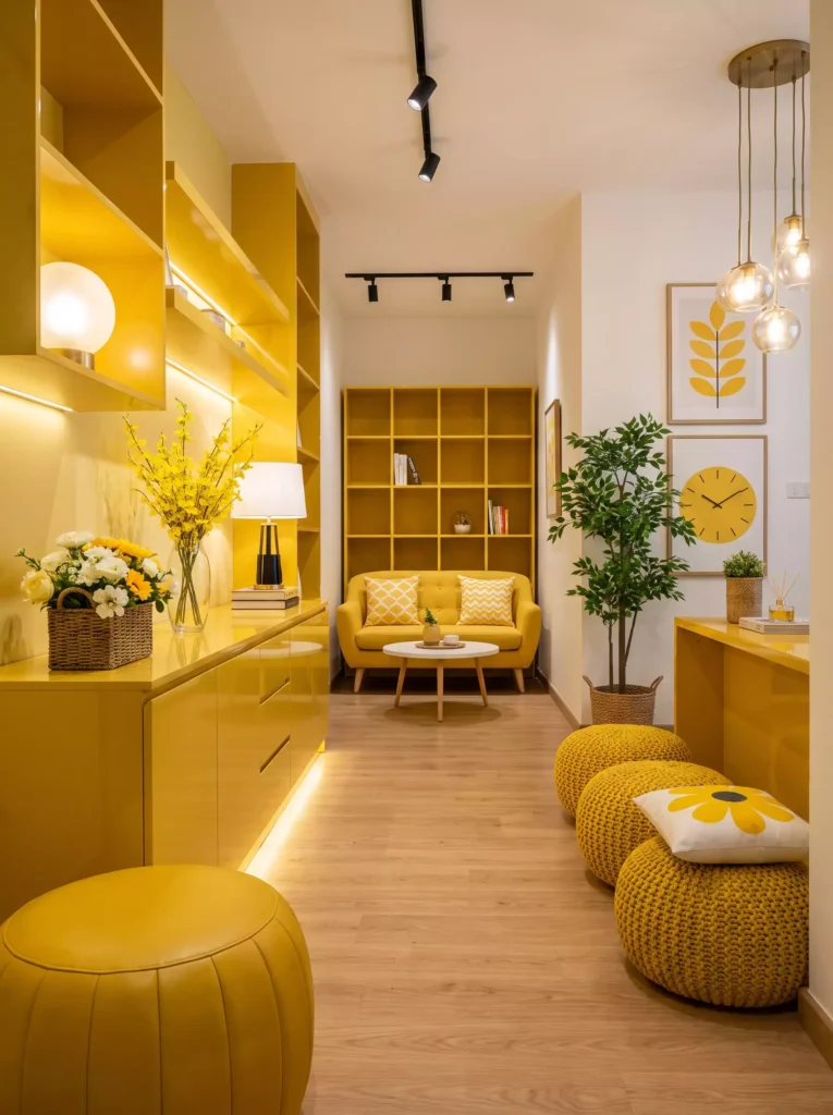 Monochromatic yellow living room with mustard seating, round ottomans, and modern decor