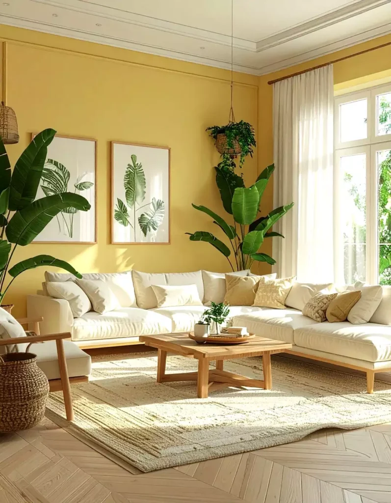 Pale yellow living room with cream sectional, green plants, wooden table, and soft decor