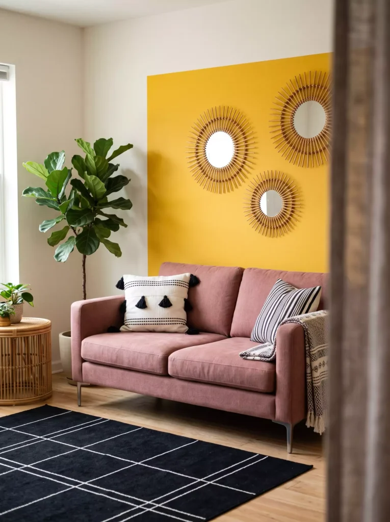 Pink and yellow living room with accent wall, round wall decor, plants, and soft furnishings