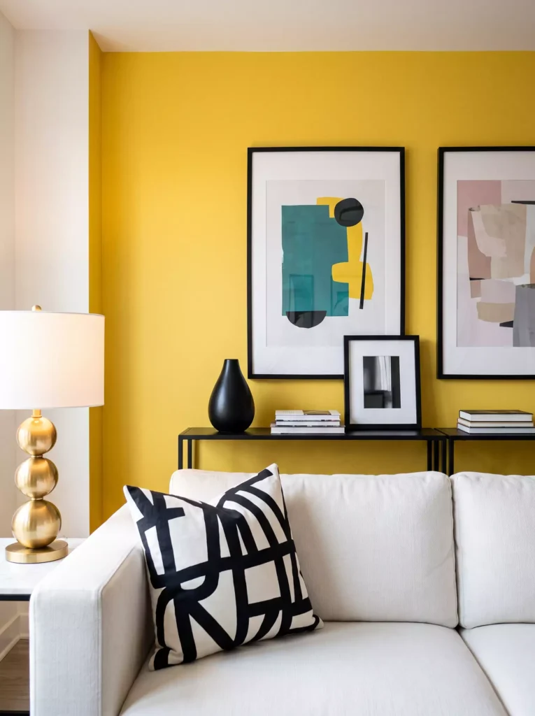 Stylish living room with yellow walls, white sectional sofa, and framed artwork