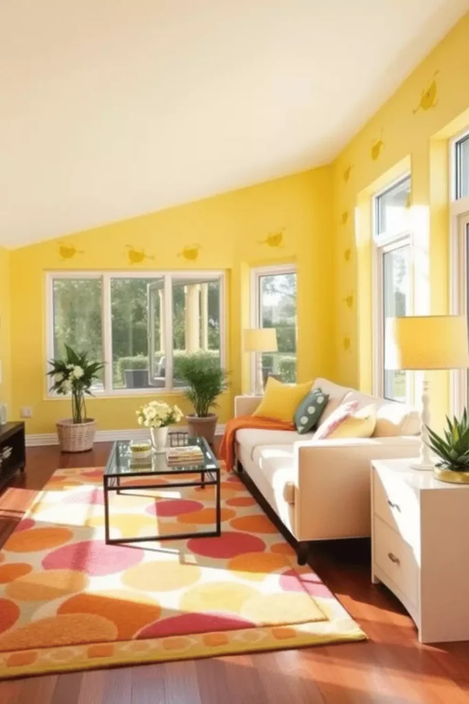 Sunny living room with yellow walls, large windows, neutral seating, and colorful rug