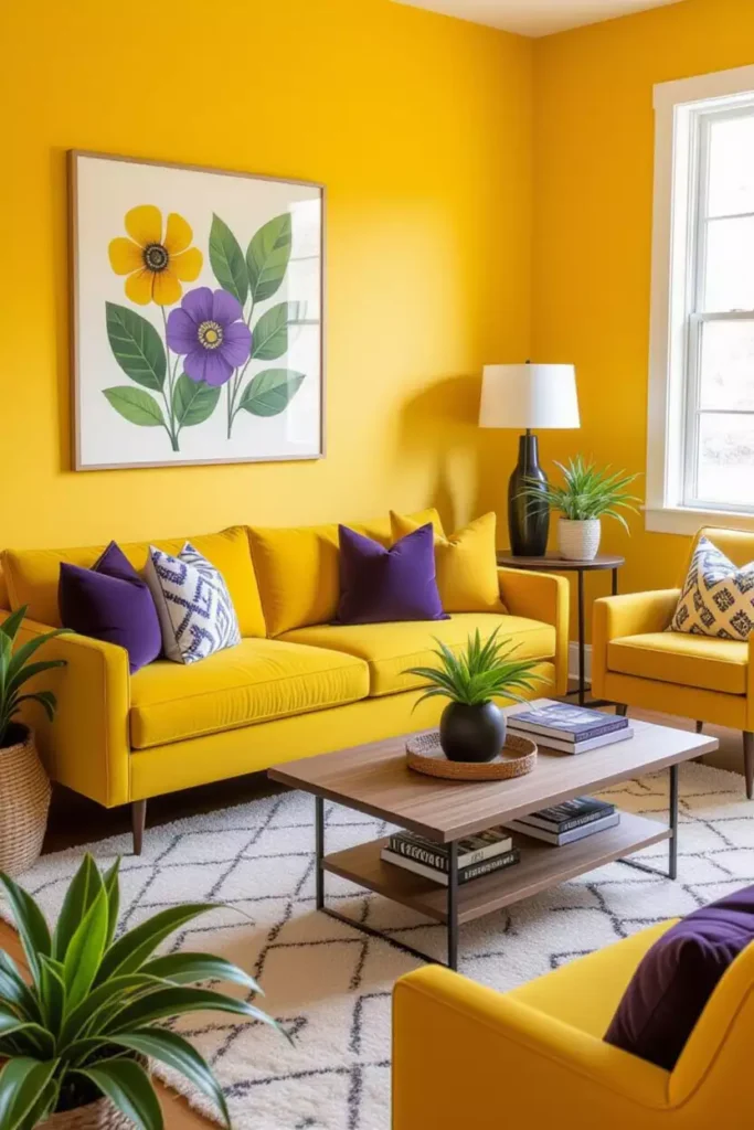 Sunny yellow living room with mustard sofa, floral artwork, plants, and neutral accents