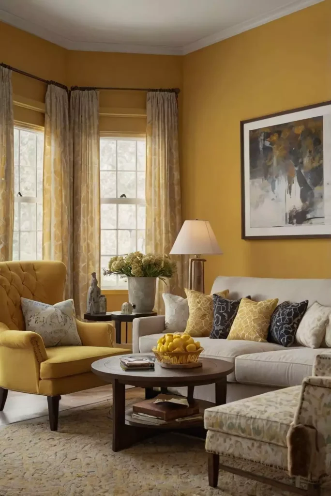 Traditional living room with warm yellow walls, fireplace, artwork, and neutral seating